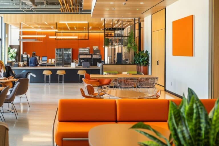 A bright lounge space with orange furniture and greenery