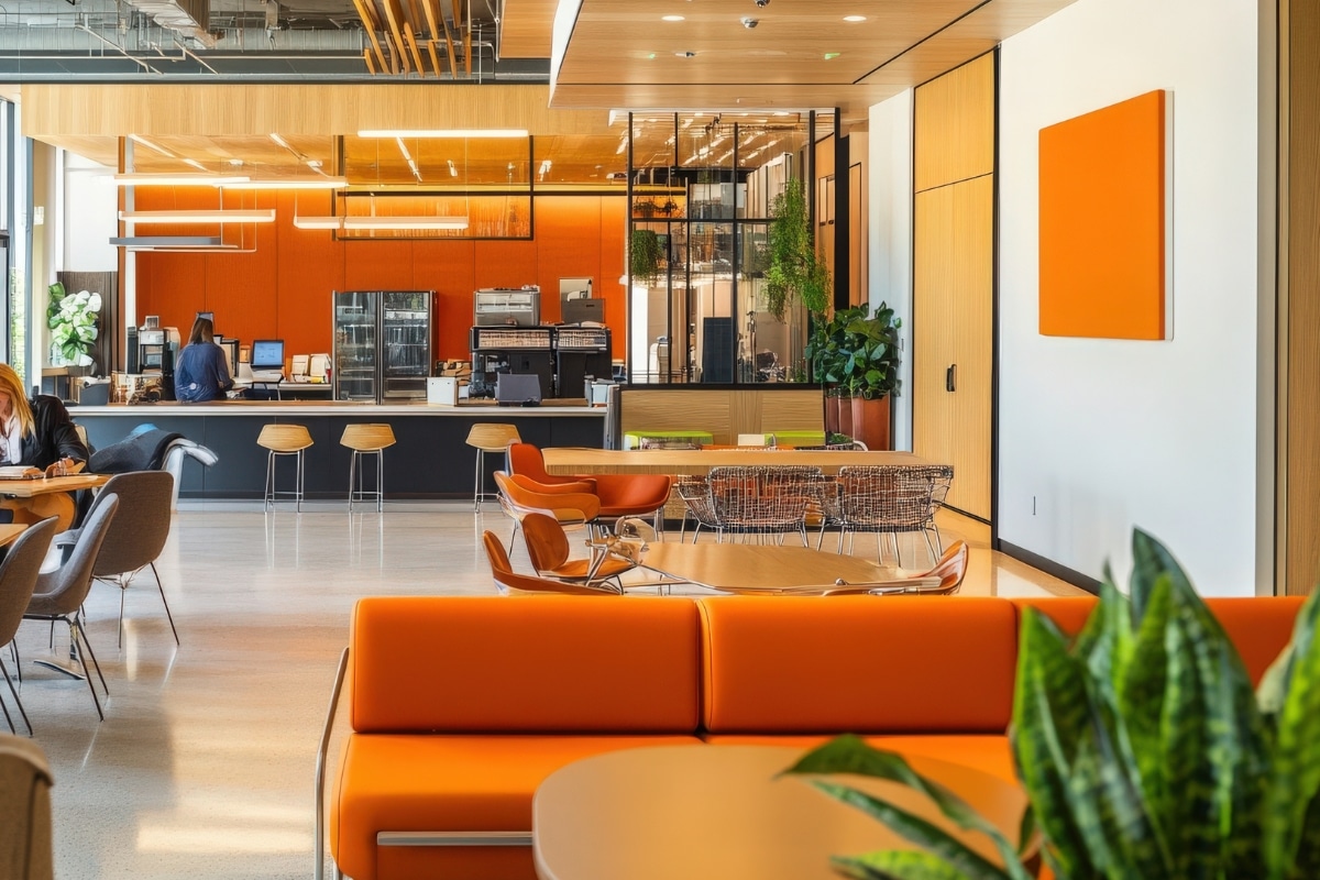 A bright lounge space with orange furniture and greenery