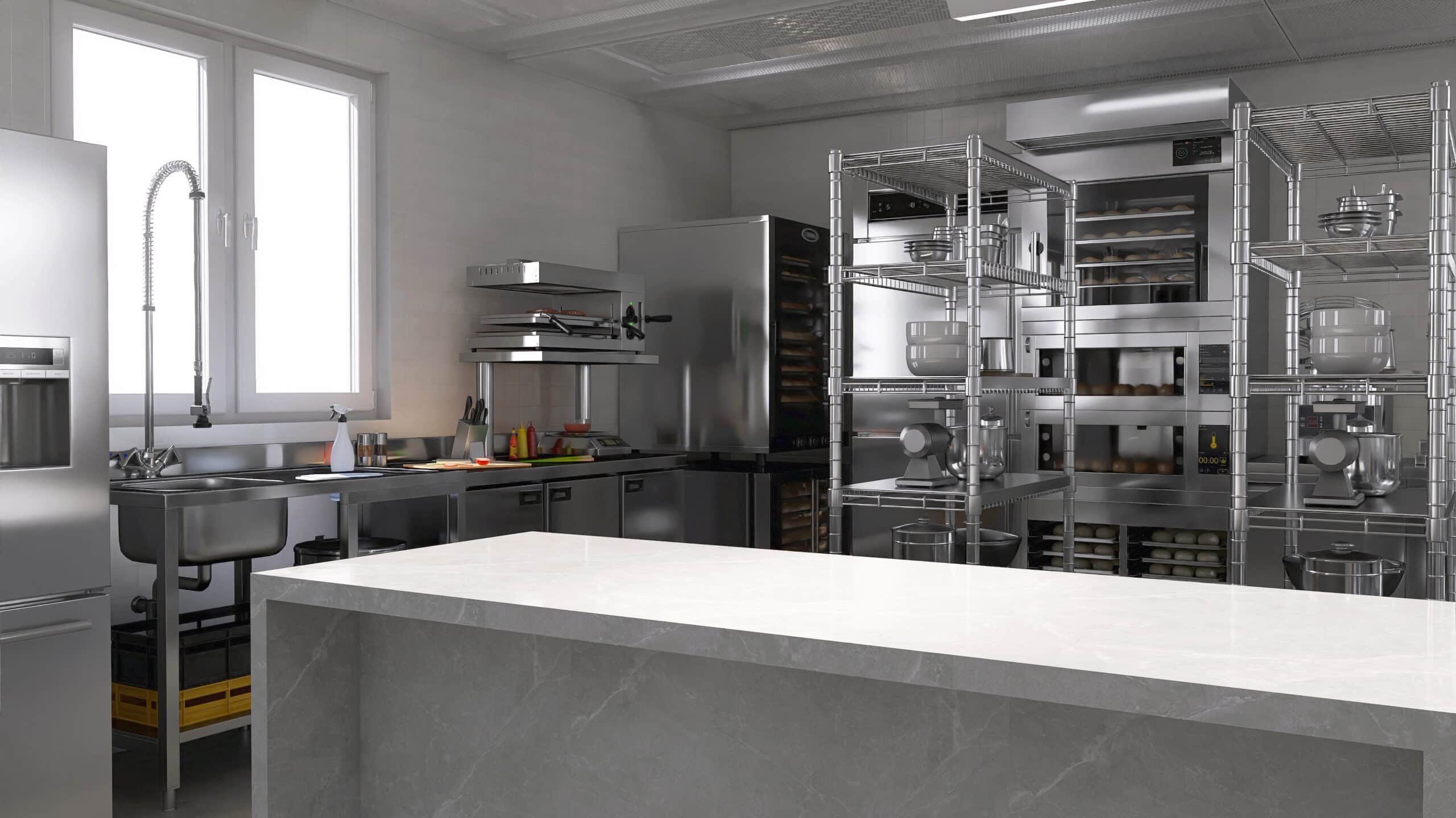 Empty clean white marble top island table in commercial, professional bakery kitchen with stainless steel convection, deck oven, freezer, refrigerator, shelf, cabinet, bread, bun for background 3D