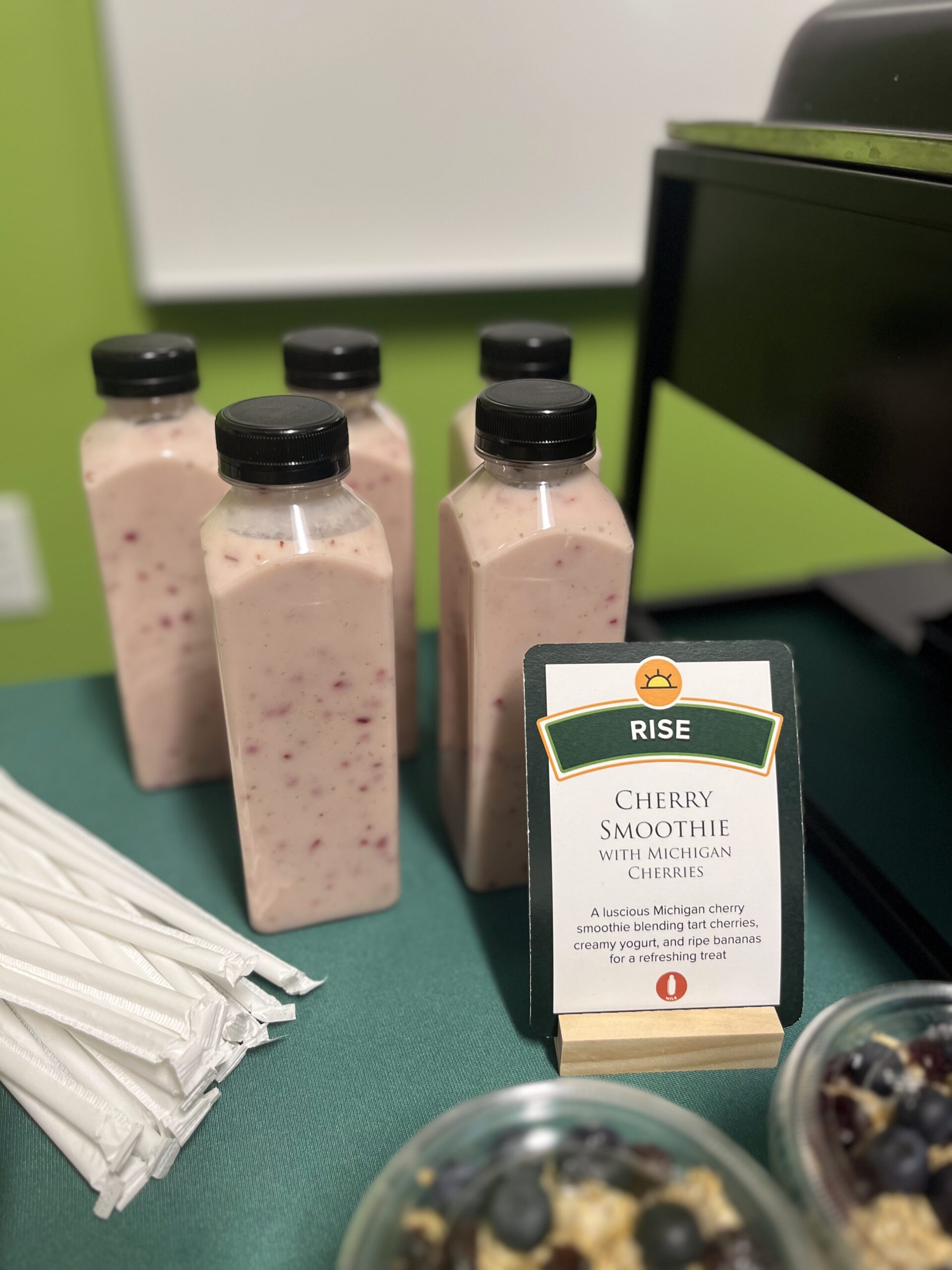 Bottles of cherry smoothie with Michigan cherries